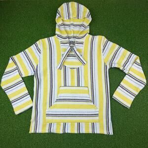 Vintage Senor Lopez Yellow Striped Woven Mexican Baja Hoodie Sz L